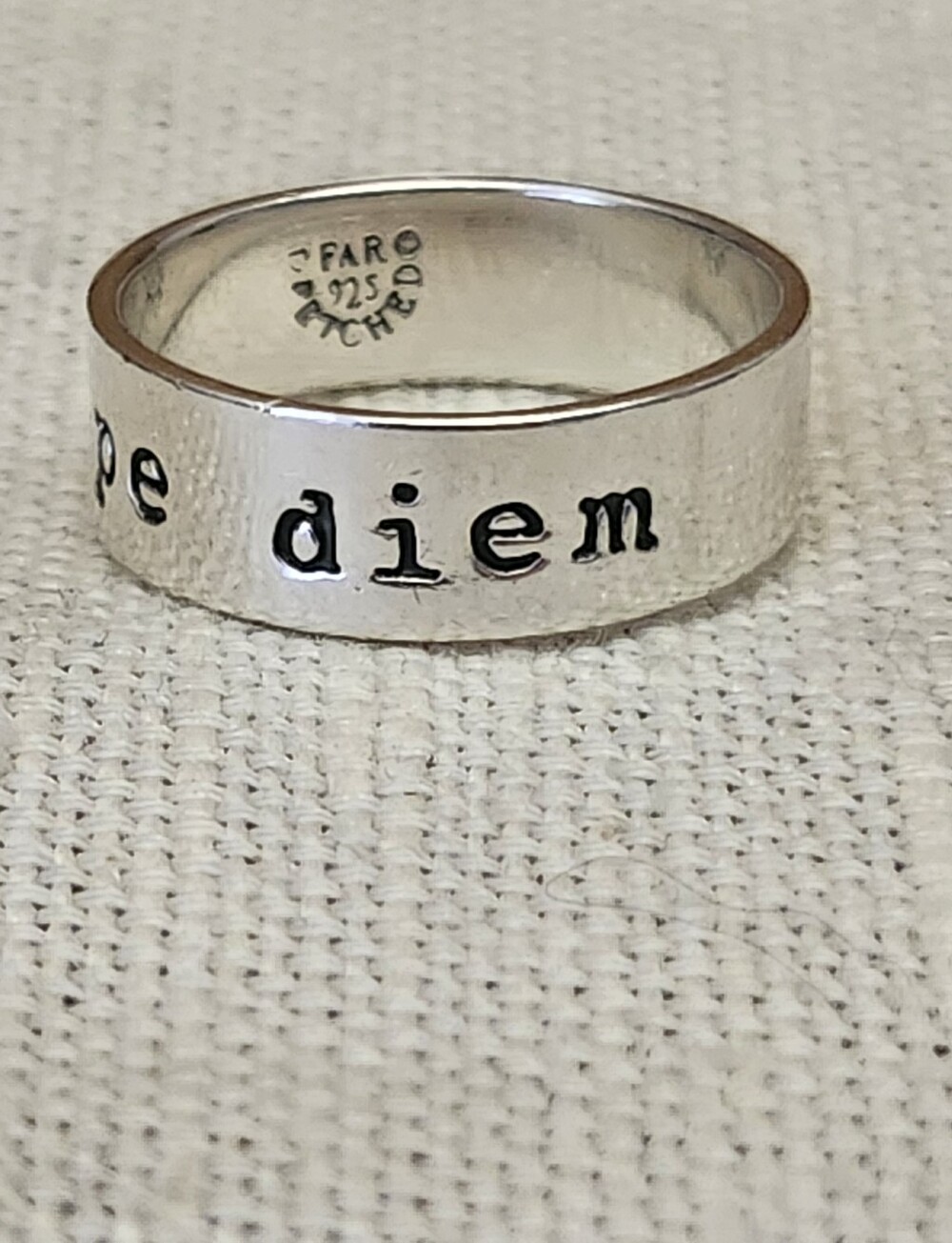 Far Fetched Sterling Silver 'Carpe Diem' Engraved Band Ring